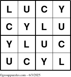 The grouppuzzles.com Answer grid for the Lucy puzzle for Tuesday June 3, 2025
