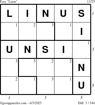 The grouppuzzles.com Easy Linus puzzle for Tuesday June 3, 2025 with all 3 steps marked