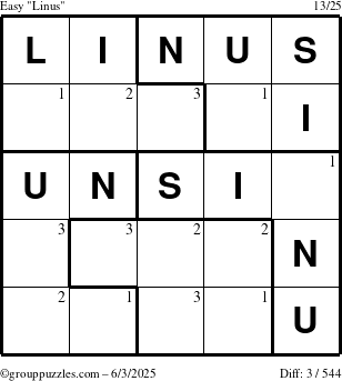 The grouppuzzles.com Easy Linus puzzle for Tuesday June 3, 2025 with the first 3 steps marked