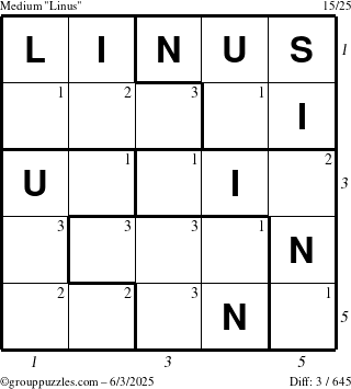 The grouppuzzles.com Medium Linus puzzle for Tuesday June 3, 2025 with all 3 steps marked