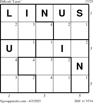 The grouppuzzles.com Difficult Linus puzzle for Tuesday June 3, 2025 with all 4 steps marked