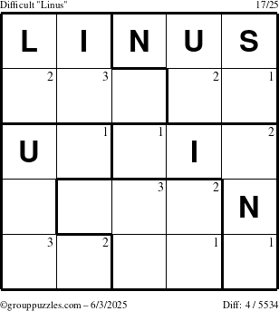The grouppuzzles.com Difficult Linus puzzle for Tuesday June 3, 2025 with the first 3 steps marked