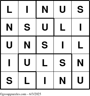 The grouppuzzles.com Answer grid for the Linus puzzle for Tuesday June 3, 2025
