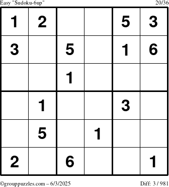 The grouppuzzles.com Easy Sudoku-6up puzzle for Tuesday June 3, 2025