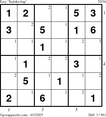 The grouppuzzles.com Easy Sudoku-6up puzzle for Tuesday June 3, 2025, suitable for printing, with all 3 steps marked