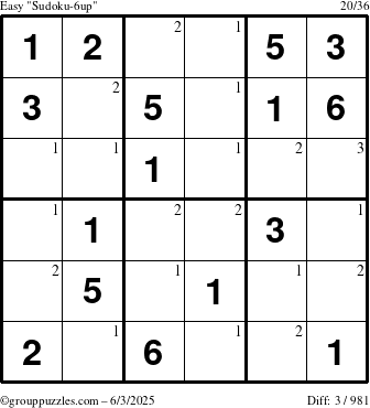 The grouppuzzles.com Easy Sudoku-6up puzzle for Tuesday June 3, 2025 with the first 3 steps marked