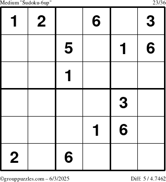 The grouppuzzles.com Medium Sudoku-6up puzzle for Tuesday June 3, 2025