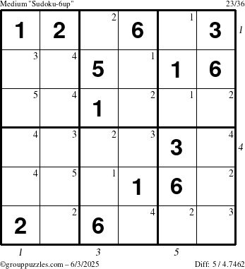 The grouppuzzles.com Medium Sudoku-6up puzzle for Tuesday June 3, 2025 with all 5 steps marked