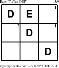 The grouppuzzles.com Easy TicTac-DEF puzzle for Tuesday June 3, 2025 with the first 2 steps marked
