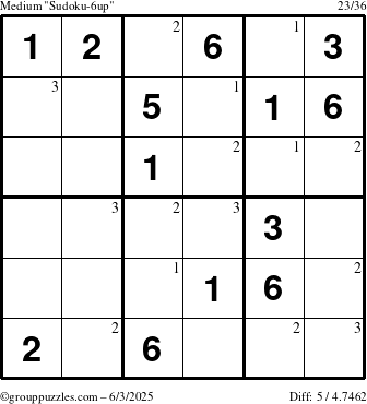 The grouppuzzles.com Medium Sudoku-6up puzzle for Tuesday June 3, 2025 with the first 3 steps marked