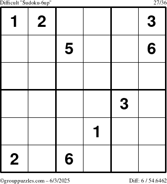 The grouppuzzles.com Difficult Sudoku-6up puzzle for Tuesday June 3, 2025