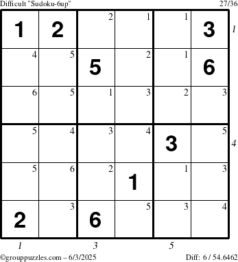 The grouppuzzles.com Difficult Sudoku-6up puzzle for Tuesday June 3, 2025, suitable for printing, with all 6 steps marked