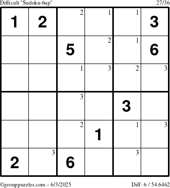 The grouppuzzles.com Difficult Sudoku-6up puzzle for Tuesday June 3, 2025 with the first 3 steps marked
