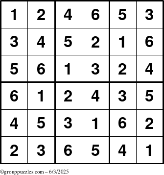 The grouppuzzles.com Answer grid for the Sudoku-6up puzzle for Tuesday June 3, 2025