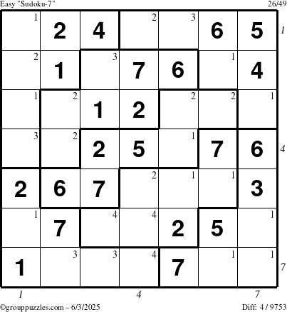 The grouppuzzles.com Easy Sudoku-7 puzzle for Tuesday June 3, 2025 with all 4 steps marked