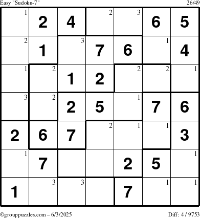 The grouppuzzles.com Easy Sudoku-7 puzzle for Tuesday June 3, 2025 with the first 3 steps marked