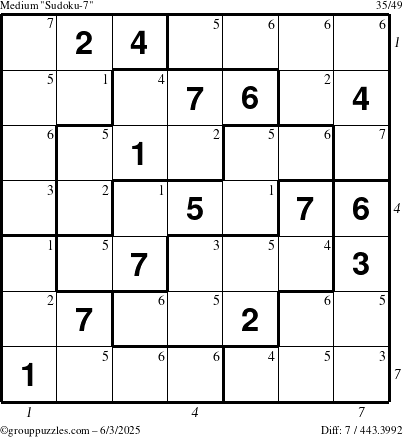 The grouppuzzles.com Medium Sudoku-7 puzzle for Tuesday June 3, 2025 with all 7 steps marked