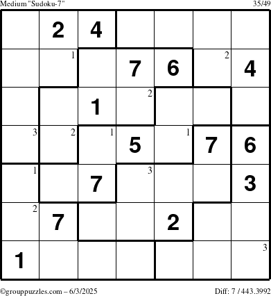 The grouppuzzles.com Medium Sudoku-7 puzzle for Tuesday June 3, 2025 with the first 3 steps marked