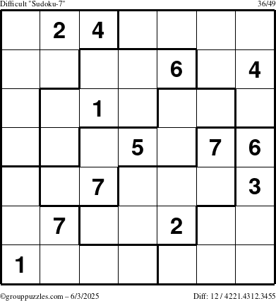 The grouppuzzles.com Difficult Sudoku-7 puzzle for Tuesday June 3, 2025