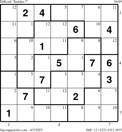 The grouppuzzles.com Difficult Sudoku-7 puzzle for Tuesday June 3, 2025 with all 12 steps marked