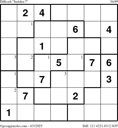 The grouppuzzles.com Difficult Sudoku-7 puzzle for Tuesday June 3, 2025 with the first 3 steps marked