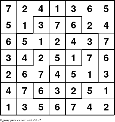 The grouppuzzles.com Answer grid for the Sudoku-7 puzzle for Tuesday June 3, 2025