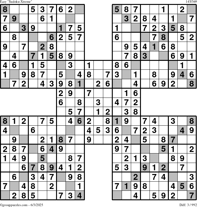 The grouppuzzles.com Easy Sudoku-Xtreme puzzle for Tuesday June 3, 2025