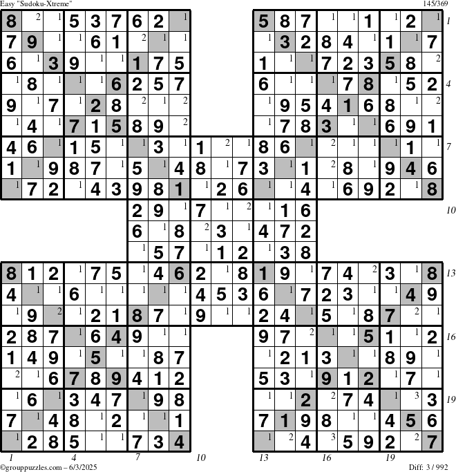 The grouppuzzles.com Easy Sudoku-Xtreme puzzle for Tuesday June 3, 2025 with all 3 steps marked