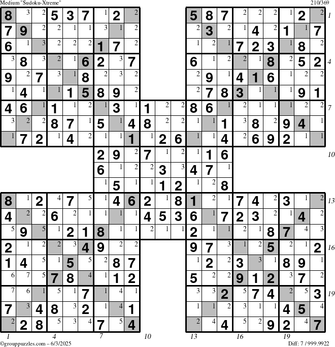 The grouppuzzles.com Medium Sudoku-Xtreme puzzle for Tuesday June 3, 2025 with all 7 steps marked