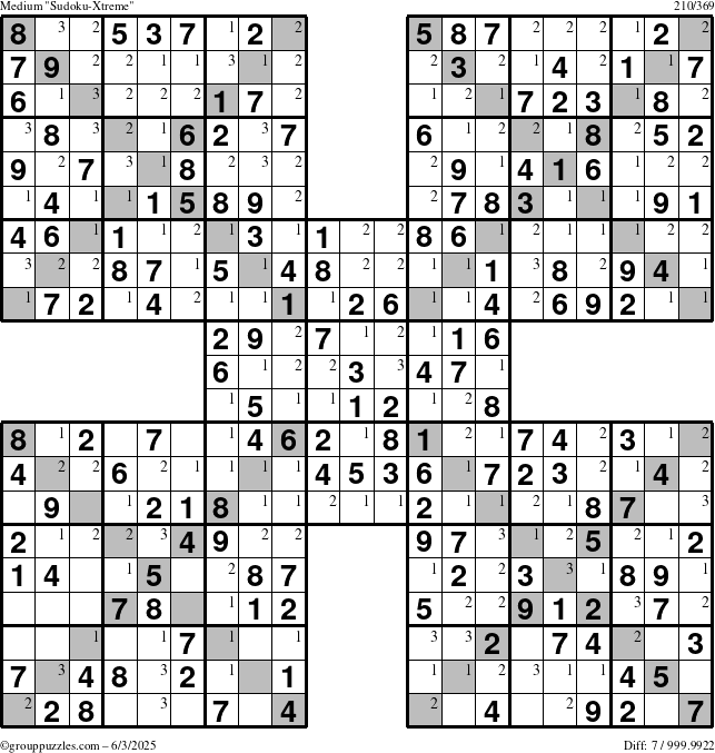 The grouppuzzles.com Medium Sudoku-Xtreme puzzle for Tuesday June 3, 2025 with the first 3 steps marked
