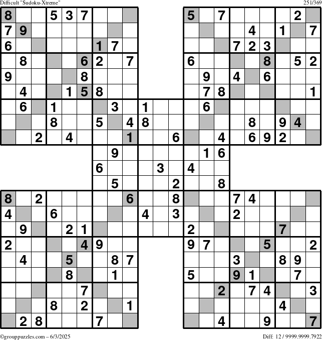 The grouppuzzles.com Difficult Sudoku-Xtreme puzzle for Tuesday June 3, 2025