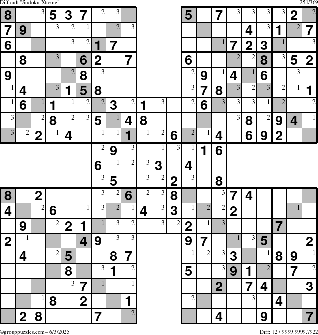 The grouppuzzles.com Difficult Sudoku-Xtreme puzzle for Tuesday June 3, 2025 with the first 3 steps marked