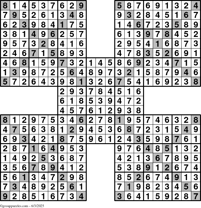 The grouppuzzles.com Answer grid for the Sudoku-Xtreme puzzle for Tuesday June 3, 2025