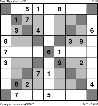 The grouppuzzles.com Easy HyperSudoku-X puzzle for Tuesday June 3, 2025
