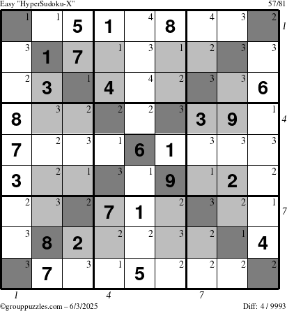 The grouppuzzles.com Easy HyperSudoku-X puzzle for Tuesday June 3, 2025 with all 4 steps marked