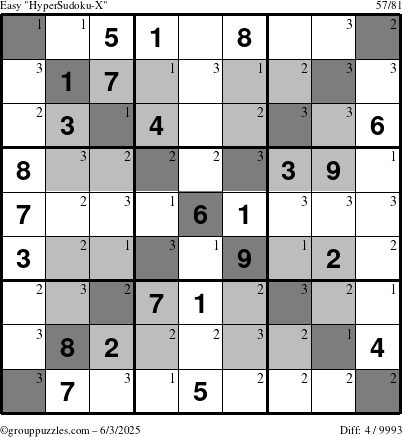The grouppuzzles.com Easy HyperSudoku-X puzzle for Tuesday June 3, 2025 with the first 3 steps marked