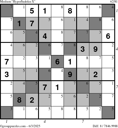The grouppuzzles.com Medium HyperSudoku-X puzzle for Tuesday June 3, 2025 with all 8 steps marked