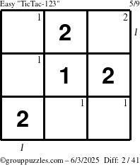 The grouppuzzles.com Easy TicTac-123 puzzle for Tuesday June 3, 2025, suitable for printing, with all 2 steps marked