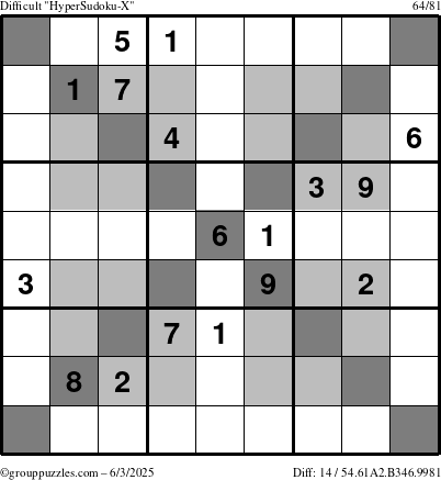 The grouppuzzles.com Difficult HyperSudoku-X puzzle for Tuesday June 3, 2025