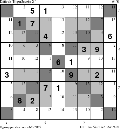 The grouppuzzles.com Difficult HyperSudoku-X puzzle for Tuesday June 3, 2025 with all 14 steps marked