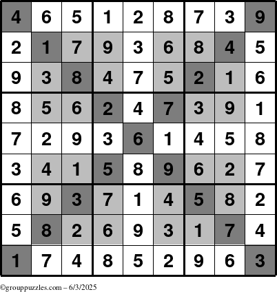 The grouppuzzles.com Answer grid for the HyperSudoku-X puzzle for Tuesday June 3, 2025