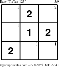 The grouppuzzles.com Easy TicTac-123 puzzle for Tuesday June 3, 2025 with the first 2 steps marked