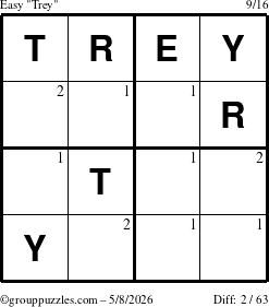 The grouppuzzles.com Easy Trey puzzle for Friday May 8, 2026 with the first 2 steps marked