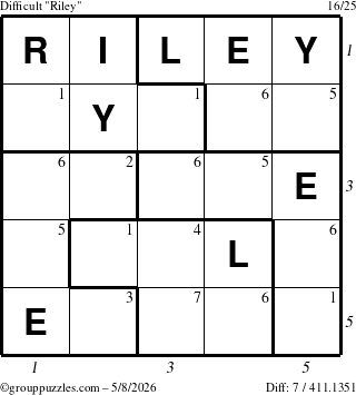 The grouppuzzles.com Difficult Riley puzzle for Friday May 8, 2026 with all 7 steps marked