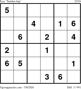 The grouppuzzles.com Easy Sudoku-6up puzzle for Friday May 8, 2026