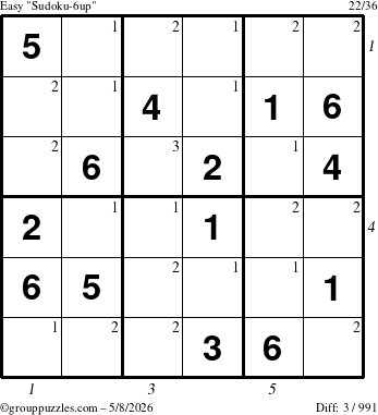 The grouppuzzles.com Easy Sudoku-6up puzzle for Friday May 8, 2026, suitable for printing, with all 3 steps marked