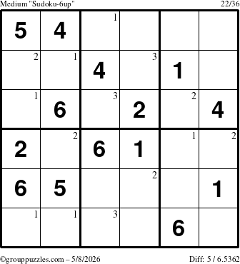 The grouppuzzles.com Medium Sudoku-6up puzzle for Friday May 8, 2026 with the first 3 steps marked