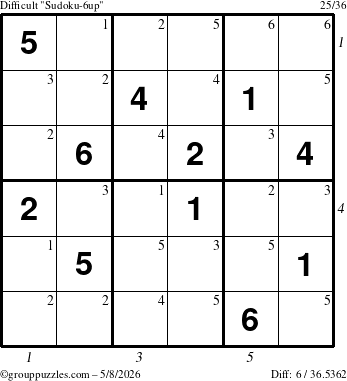The grouppuzzles.com Difficult Sudoku-6up puzzle for Friday May 8, 2026 with all 6 steps marked