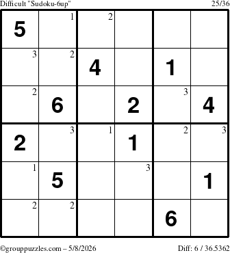 The grouppuzzles.com Difficult Sudoku-6up puzzle for Friday May 8, 2026 with the first 3 steps marked