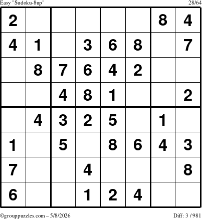 The grouppuzzles.com Easy Sudoku-8up puzzle for Friday May 8, 2026